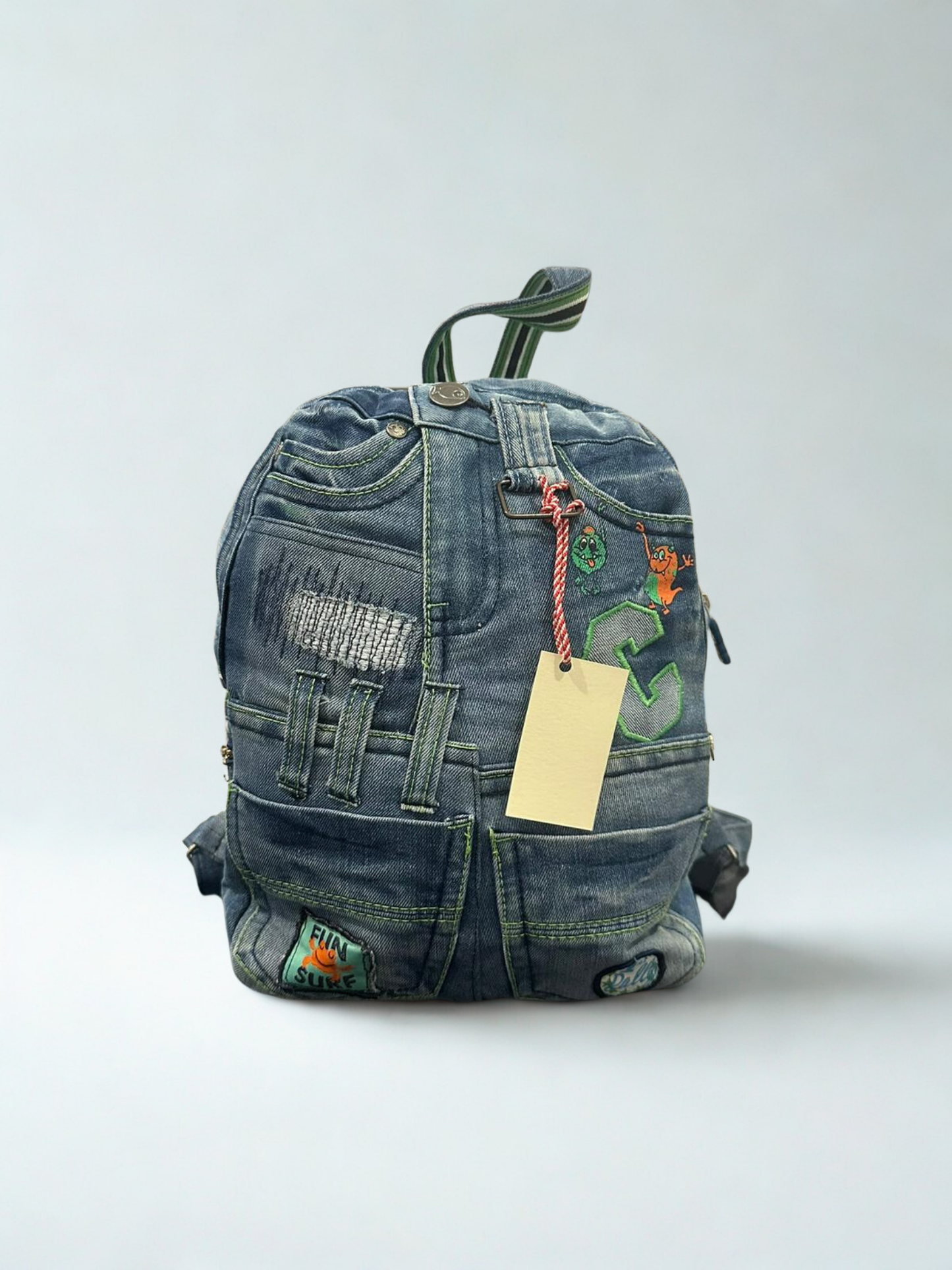 Denim ruksak “Green Buddy” – Unikat 1/1 KIKY STORE