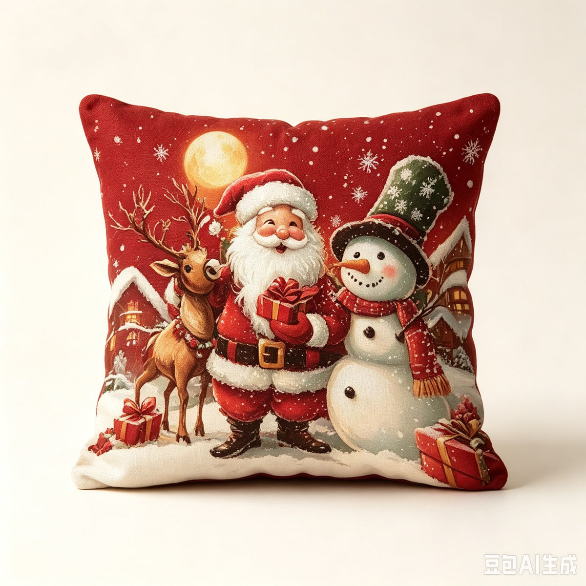 Božićne crvene jastučnice 45 × 45 cm – Djed Božićnjak i snjegović