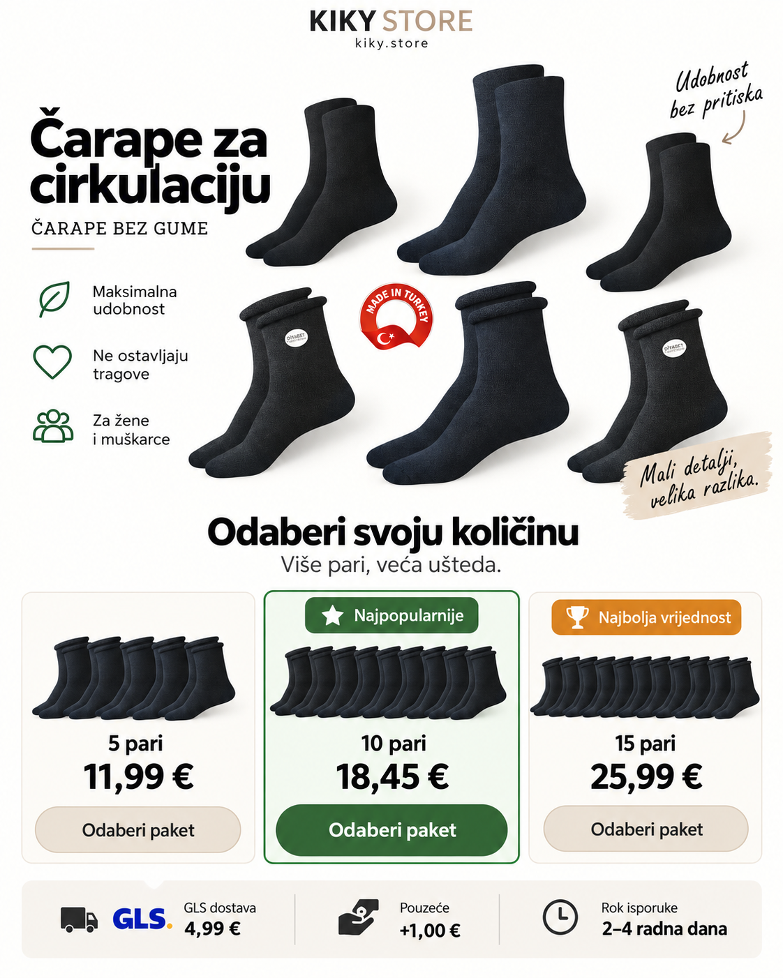 Paketi čarapa bez gume 5, 10 i 15 pari