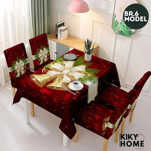 Božićne elastične navlake za stolice + stolnjak set - 6+1