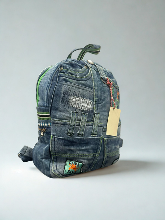 Denim ruksak “Green Buddy” – Unikat 1/1 KIKY STORE