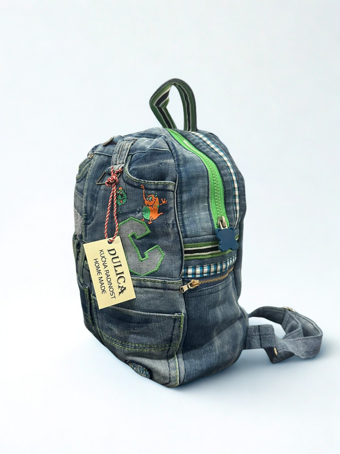 Denim ruksak “Green Buddy” – Unikat 1/1 KIKY STORE