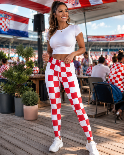 Žensko sportsko izdanje hrvatskih navijačkih tajica s crveno-bijelom šahovnicom za teretanu, trčanje i tribinu