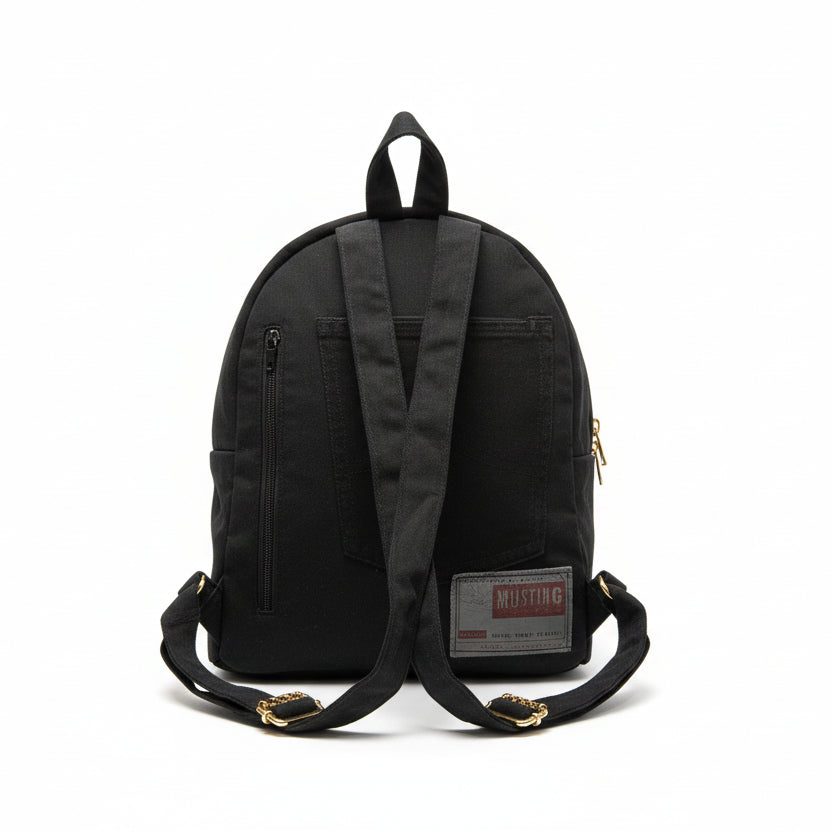 Crni denim ruksak s elegantnim zlatnim detaljima – ručni rad KIKY STORE