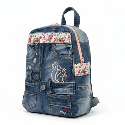 Denim ruksak Rose Squirrel- ručni rad KIKY STORE