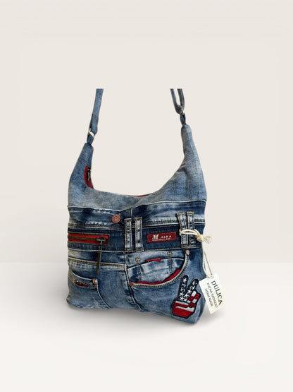 Denim Unikatna Torba „Red Accent“ – Ručni Rad