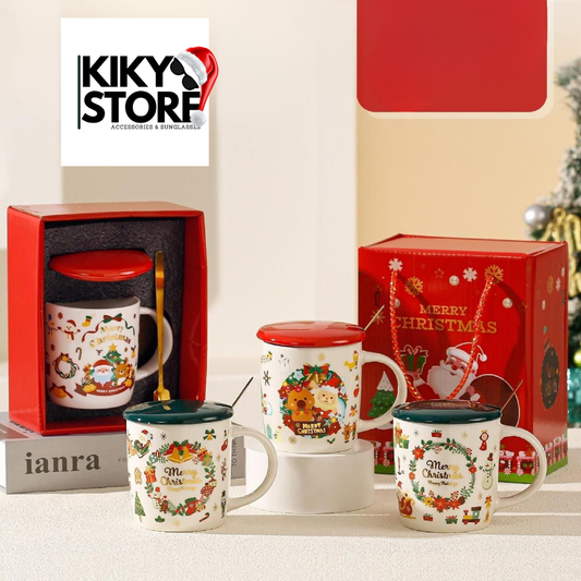 Božićna keramička šalica s poklopcem i žličicom – 350 ml KIKY STORE