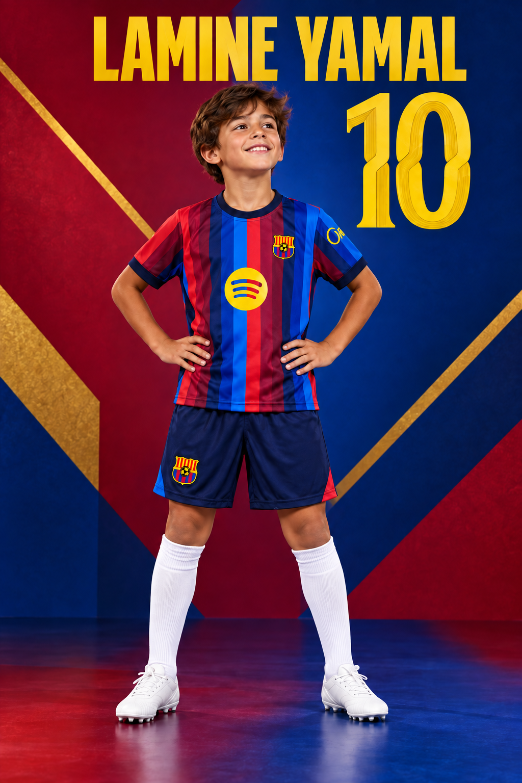 Dječak u prugastom crveno-plavom kompletu Barca Lamine Yamal 10, prikaz sprijeda
