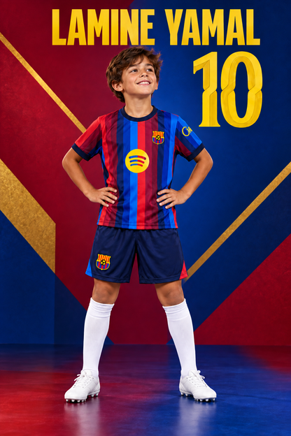 Dječak u prugastom crveno-plavom kompletu Barca Lamine Yamal 10, prikaz sprijeda
