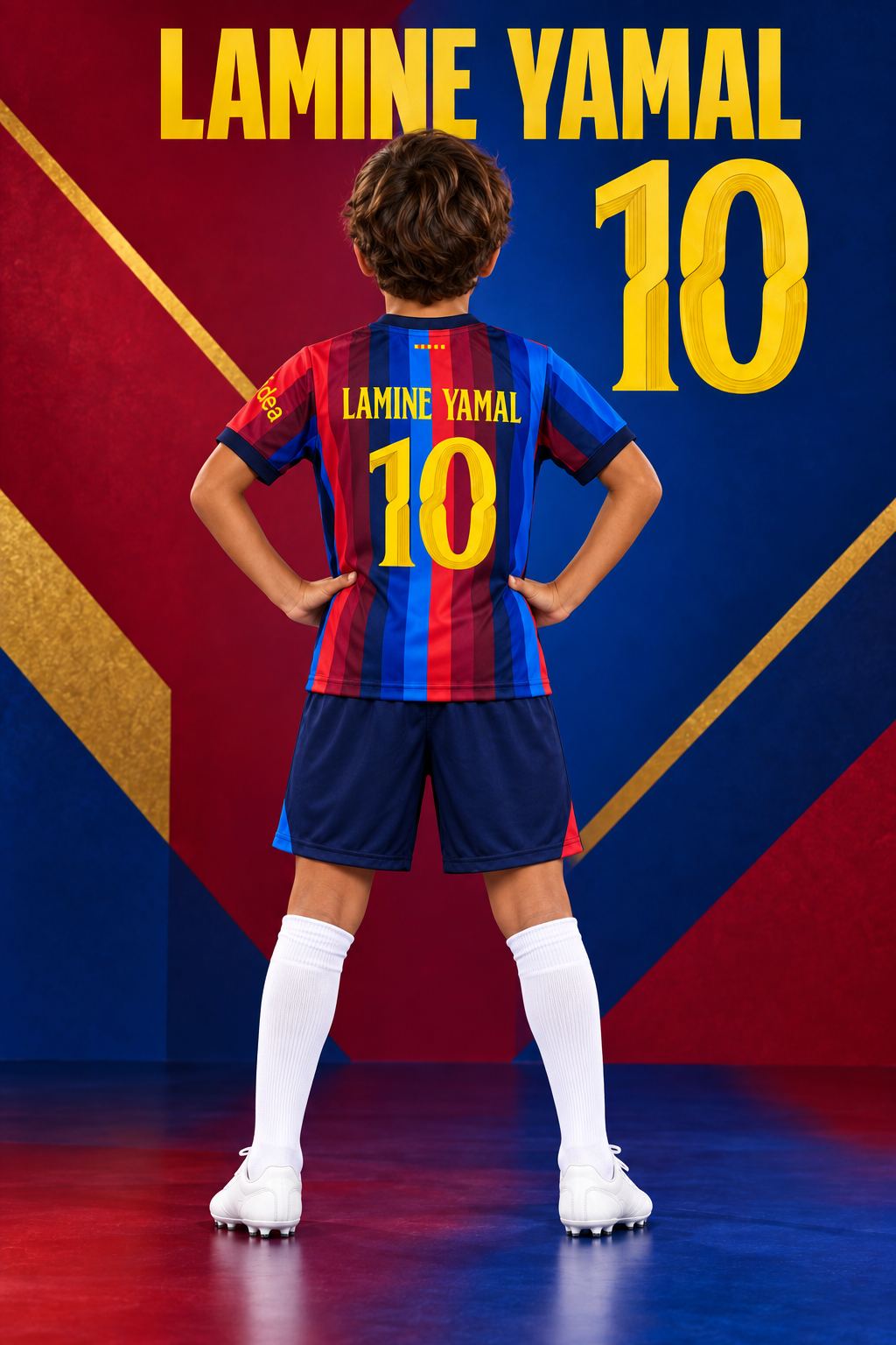 Stražnja strana dječjeg kompleta Barca s natpisom Lamine Yamal i žutim brojem 10