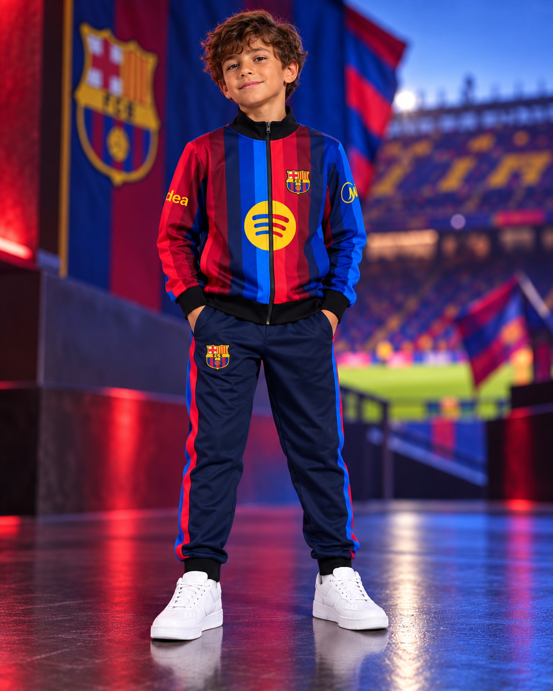 Dječja Barcelona trenirka Lamine Yamal 10 – novi dječji model, fotografija sprijeda na Barcelona pozadini