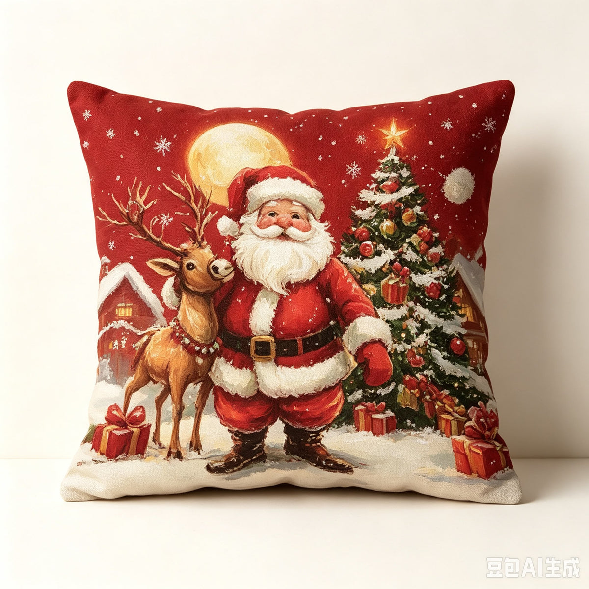Božićne crvene jastučnice 45 × 45 cm – Djed Božićnjak i jelen