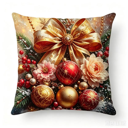 Božićne jastučnice Crveno-zlatni Božić 45 × 45 cm – Mašna i kuglice