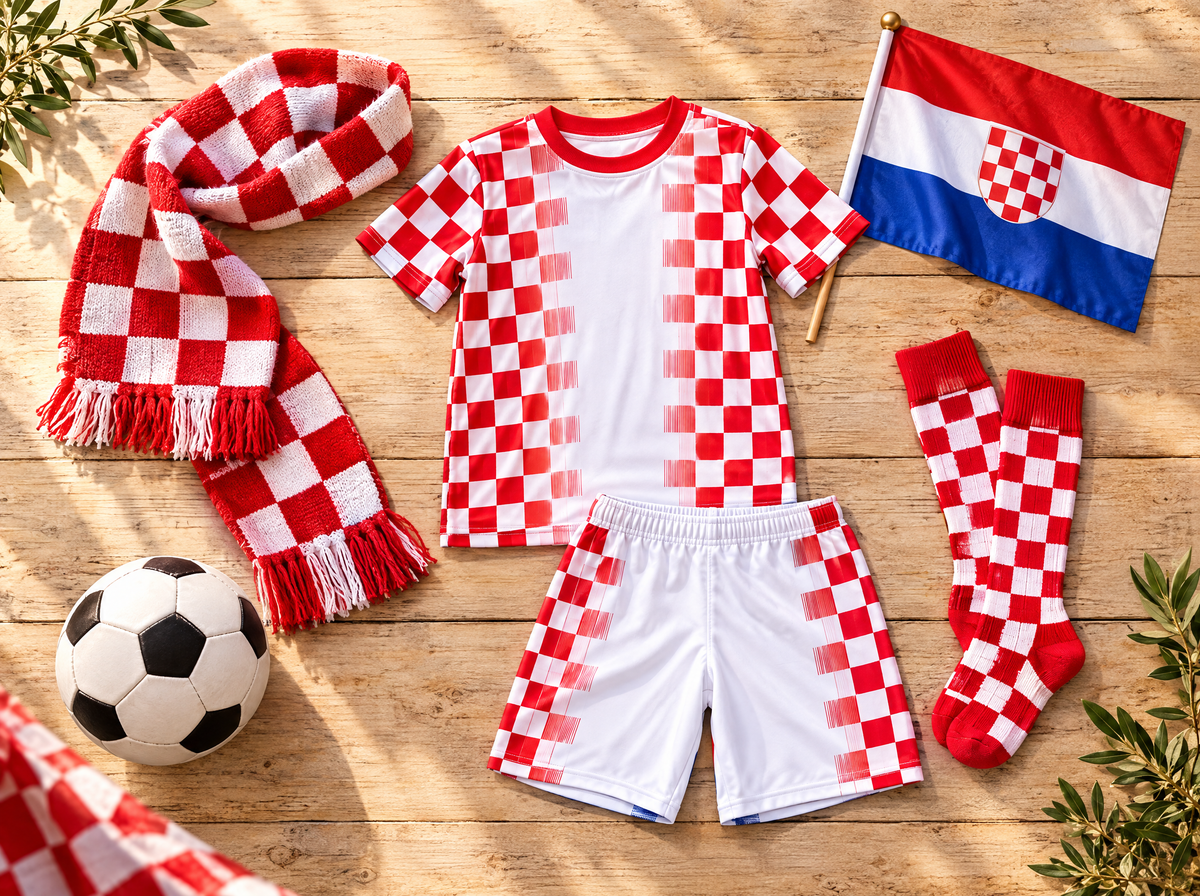 Kockasti dječji dres, šal, zastava i lopta na drvenom stolu