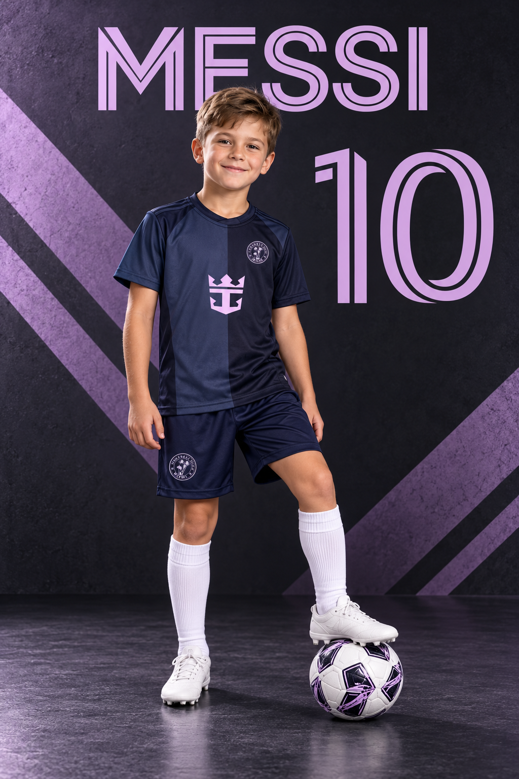 Dječak u tamnom nogometnom kompletu Miami Messi 10 s lila detaljima i nogom na lopti
