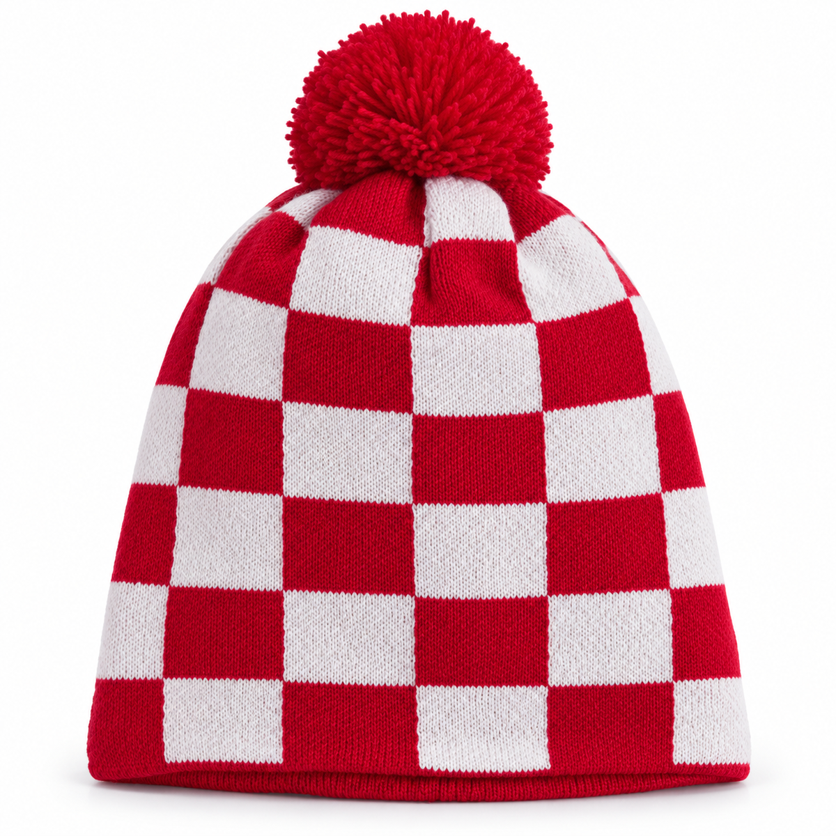 Navijačka zimska kapa – 04 – Crveno-bijele kocke s pomponom