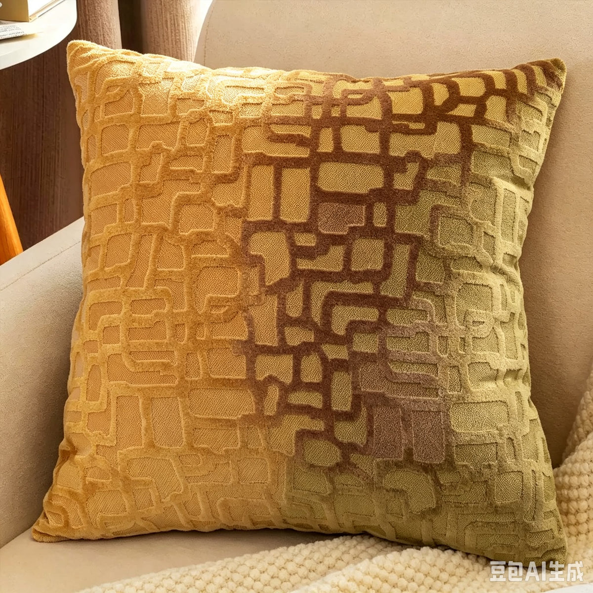 Plišana 3D jastučnica Kamen 45 × 45 cm – Zlatna