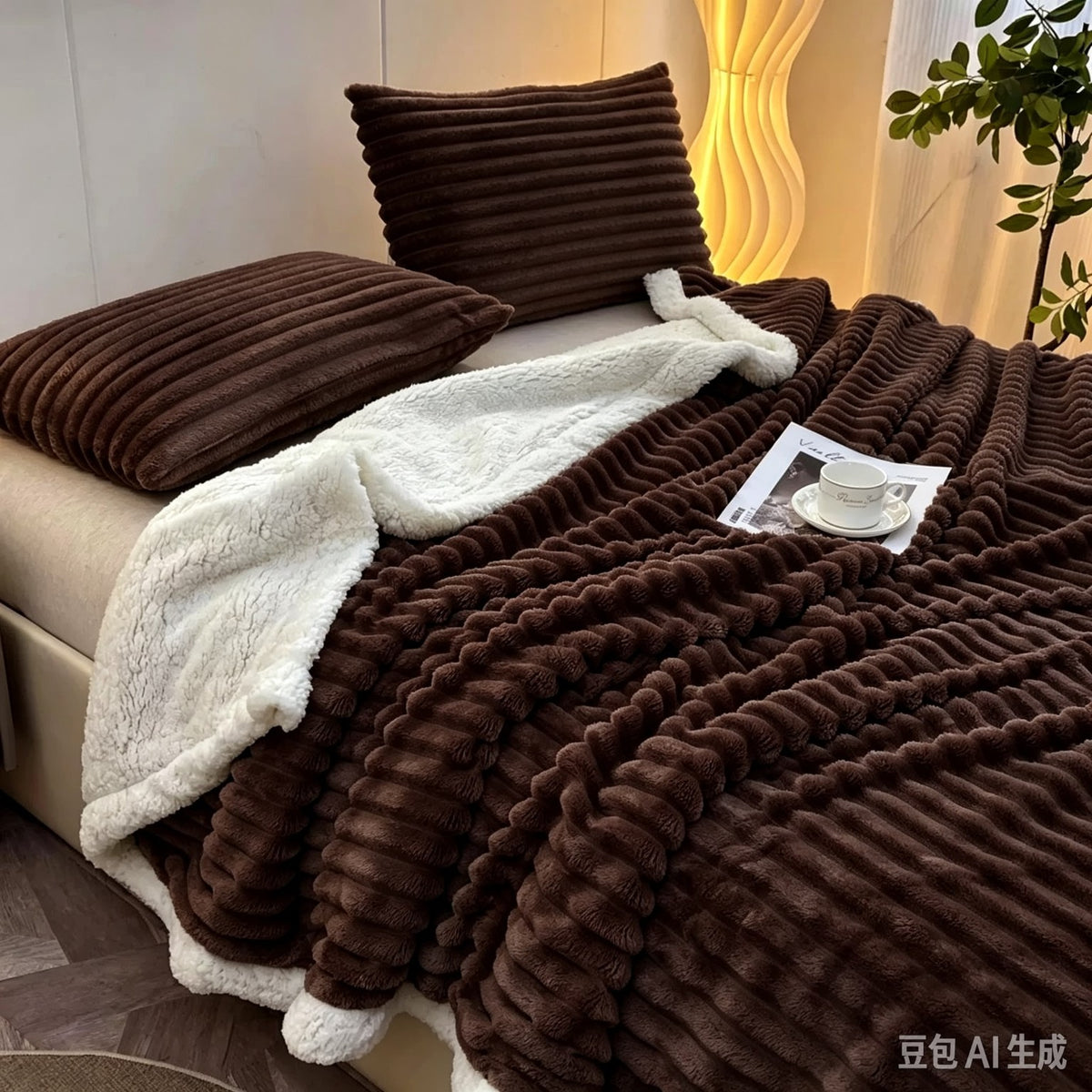 Rebrasta deka s krznom 200 × 230 cm – smeđa