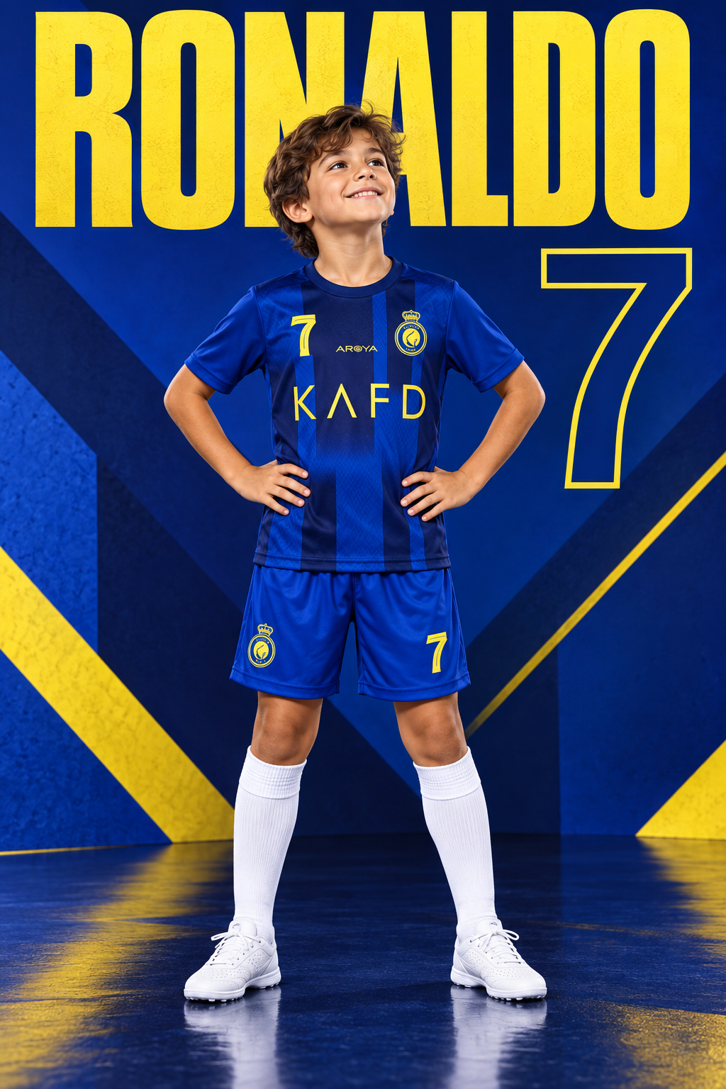 Dječak u plavom nogometnom kompletu Ronaldo 7 sa žutim detaljima, prikaz sprijeda