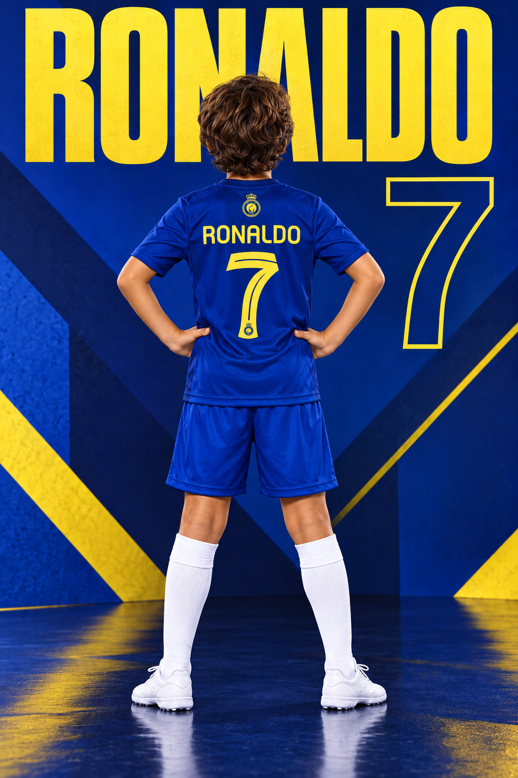 Stražnja strana plavog dresa s natpisom Ronaldo i žutim brojem 7