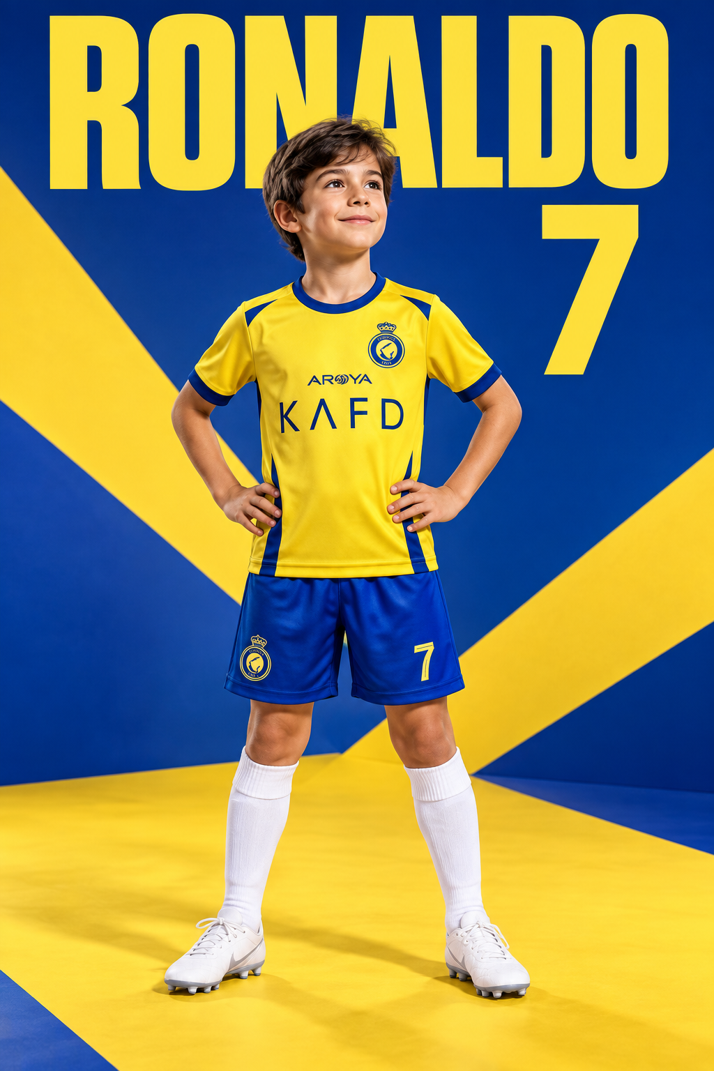 Dječak u žuto-plavom nogometnom kompletu Ronaldo 7, prikaz sprijeda na plavo-žutoj pozadini