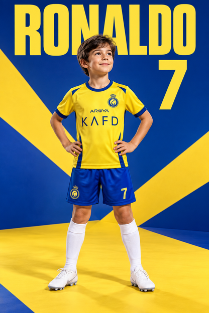 Dječak u žuto-plavom nogometnom kompletu Ronaldo 7, prikaz sprijeda na plavo-žutoj pozadini