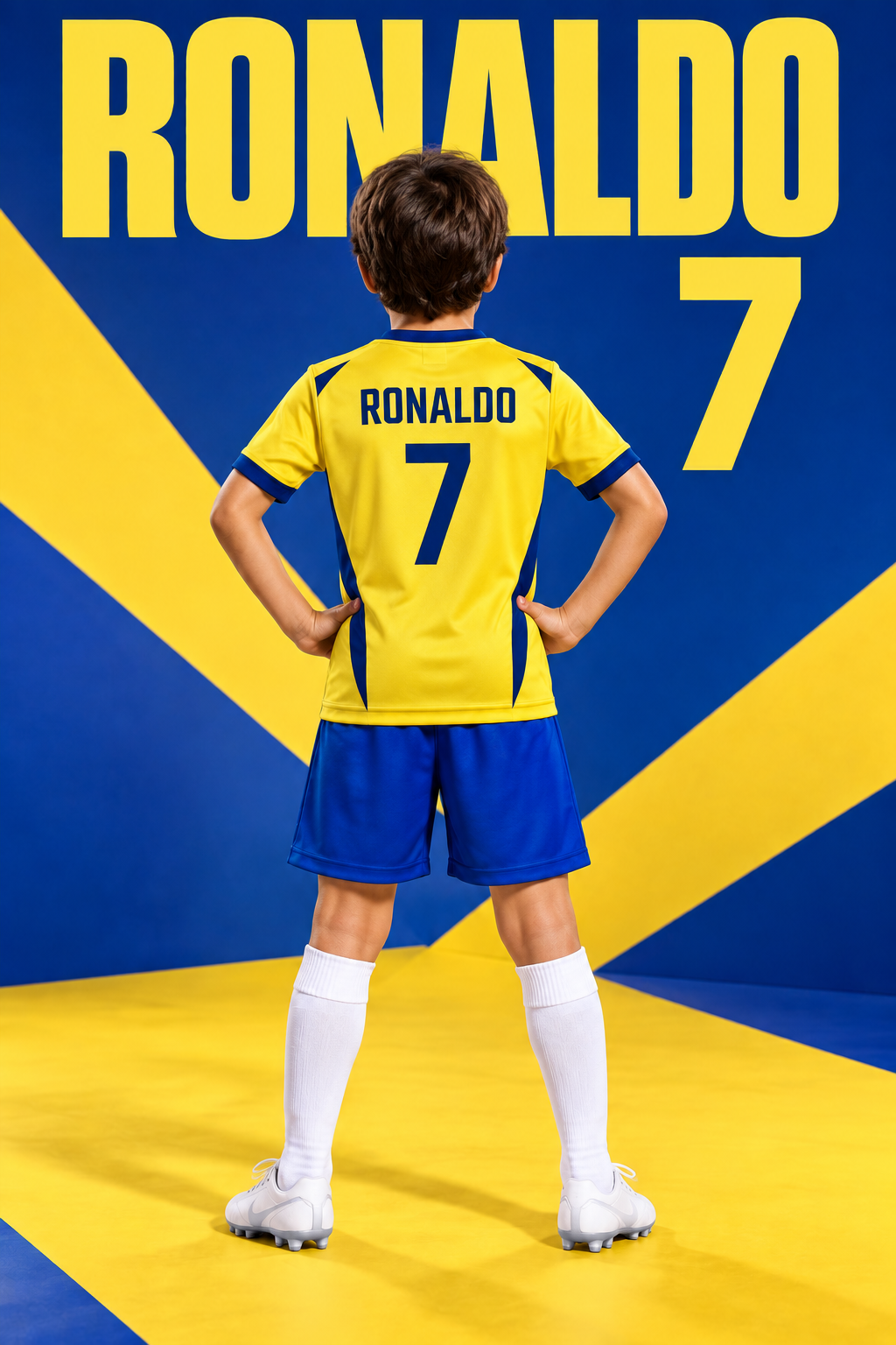 Stražnji prikaz dječjeg žuto-plavog kompleta s natpisom Ronaldo i brojem 7