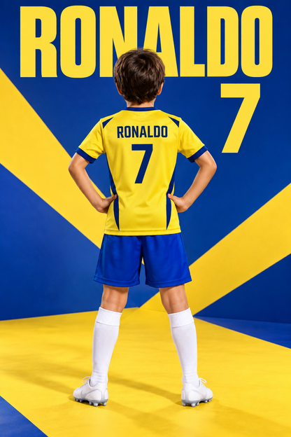 Stražnji prikaz dječjeg žuto-plavog kompleta s natpisom Ronaldo i brojem 7