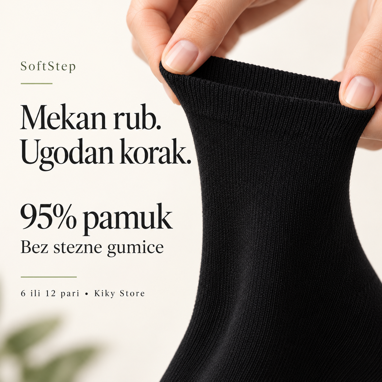 Detalj mekanog ruba crnih SoftStep čarapa s 95% pamuka