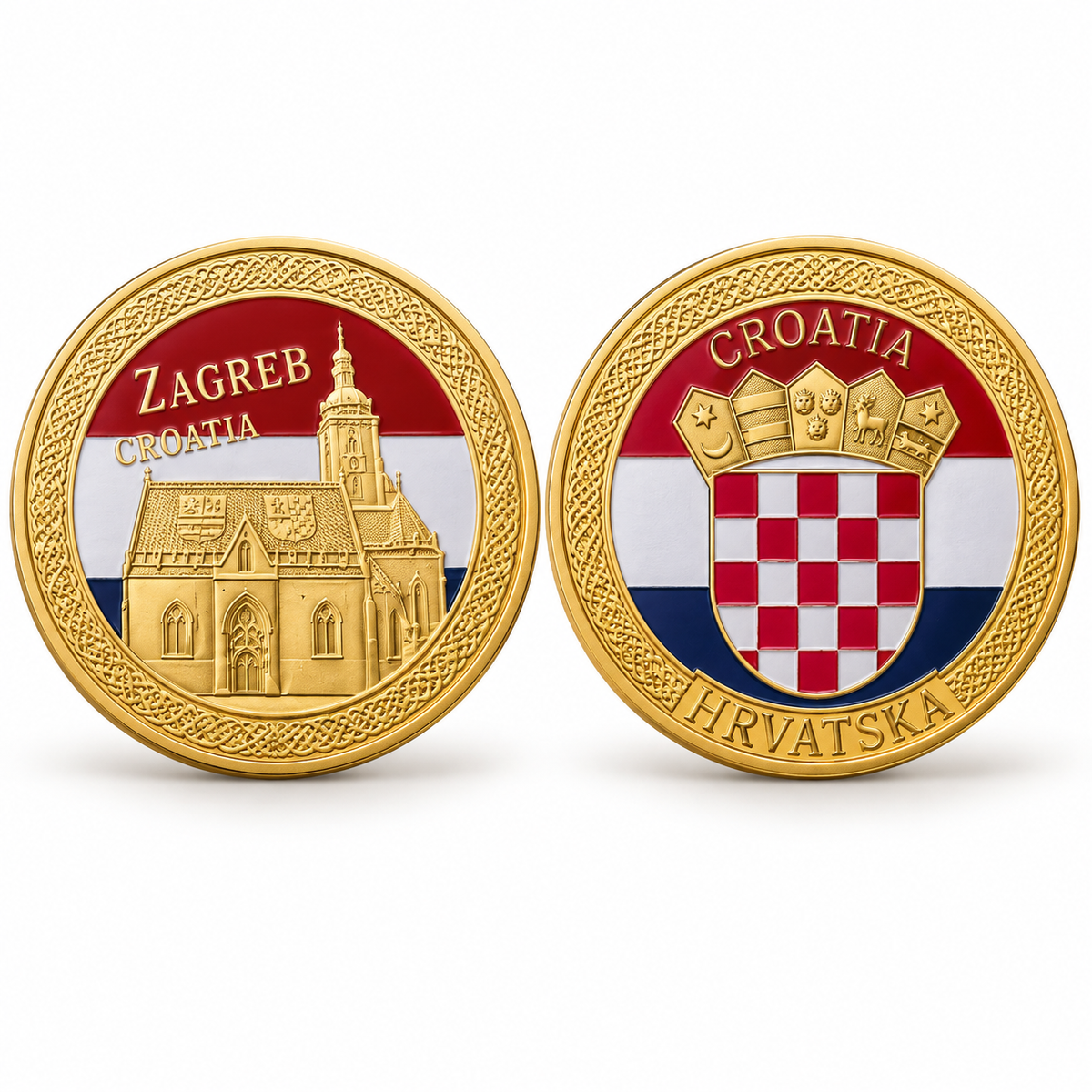 Suvenirski zlatnik Zagreb – prikaz prednje i stražnje strane jednog komada