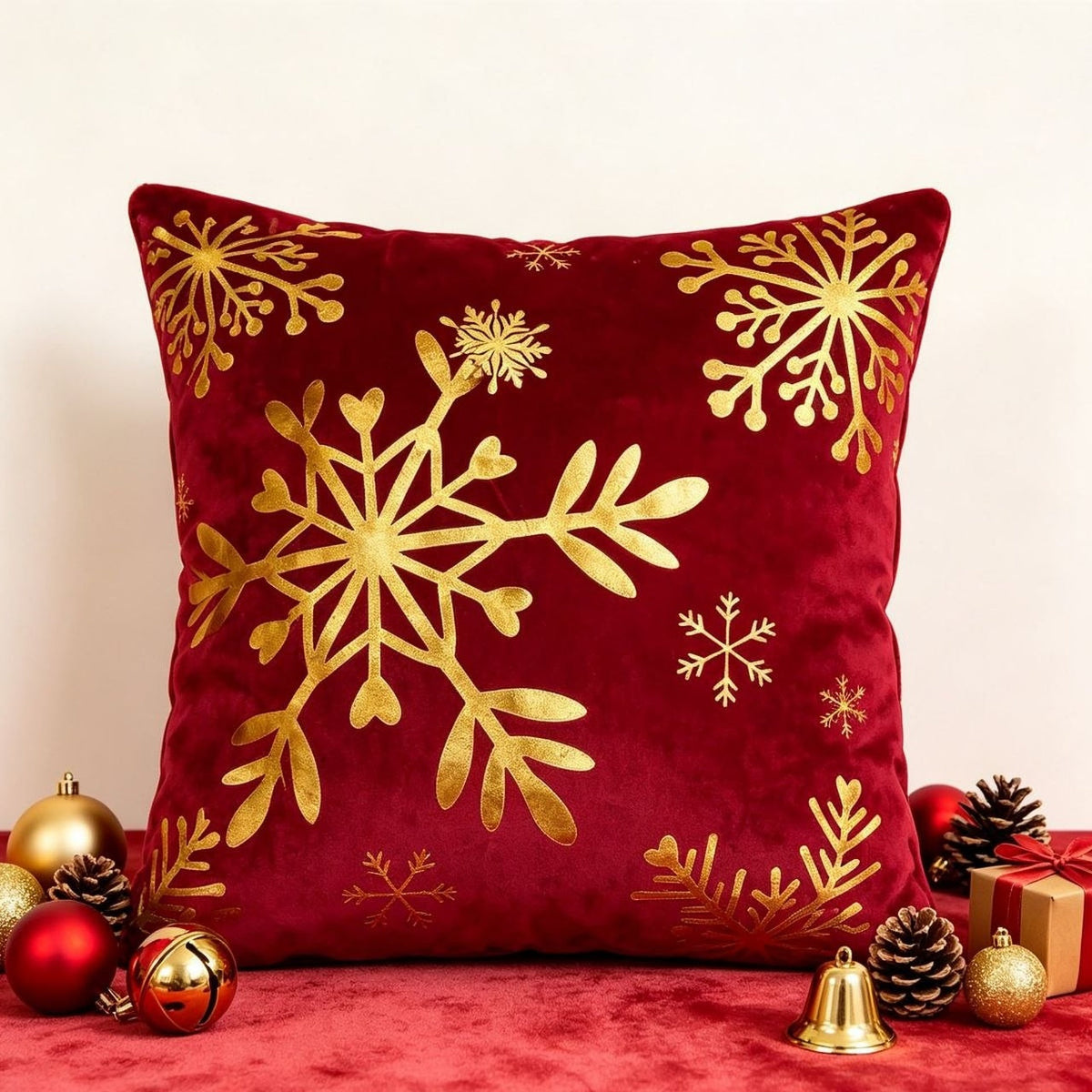 Zlatne pahulje – božićna plišana jastučnica 45 × 45 cm, Bordo