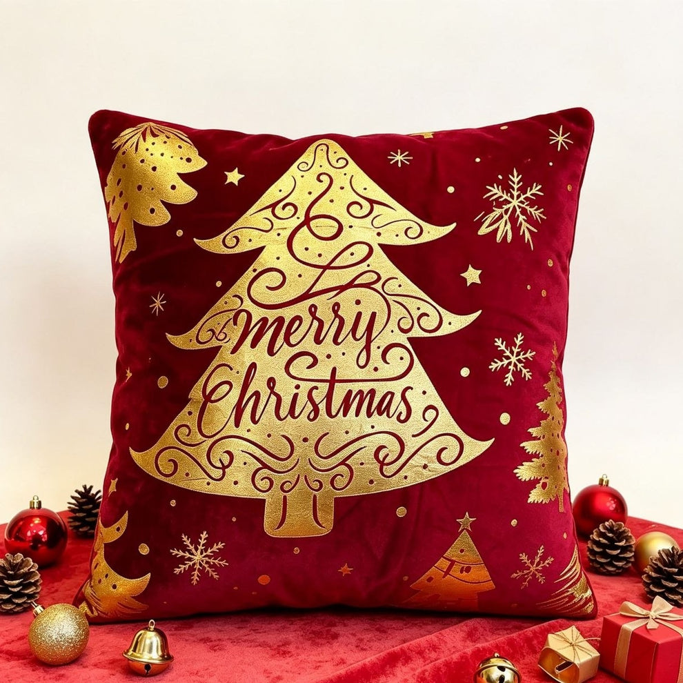 Zlatni bor Merry Christmas – plišana jastučnica 45 × 45 cm, Bordo