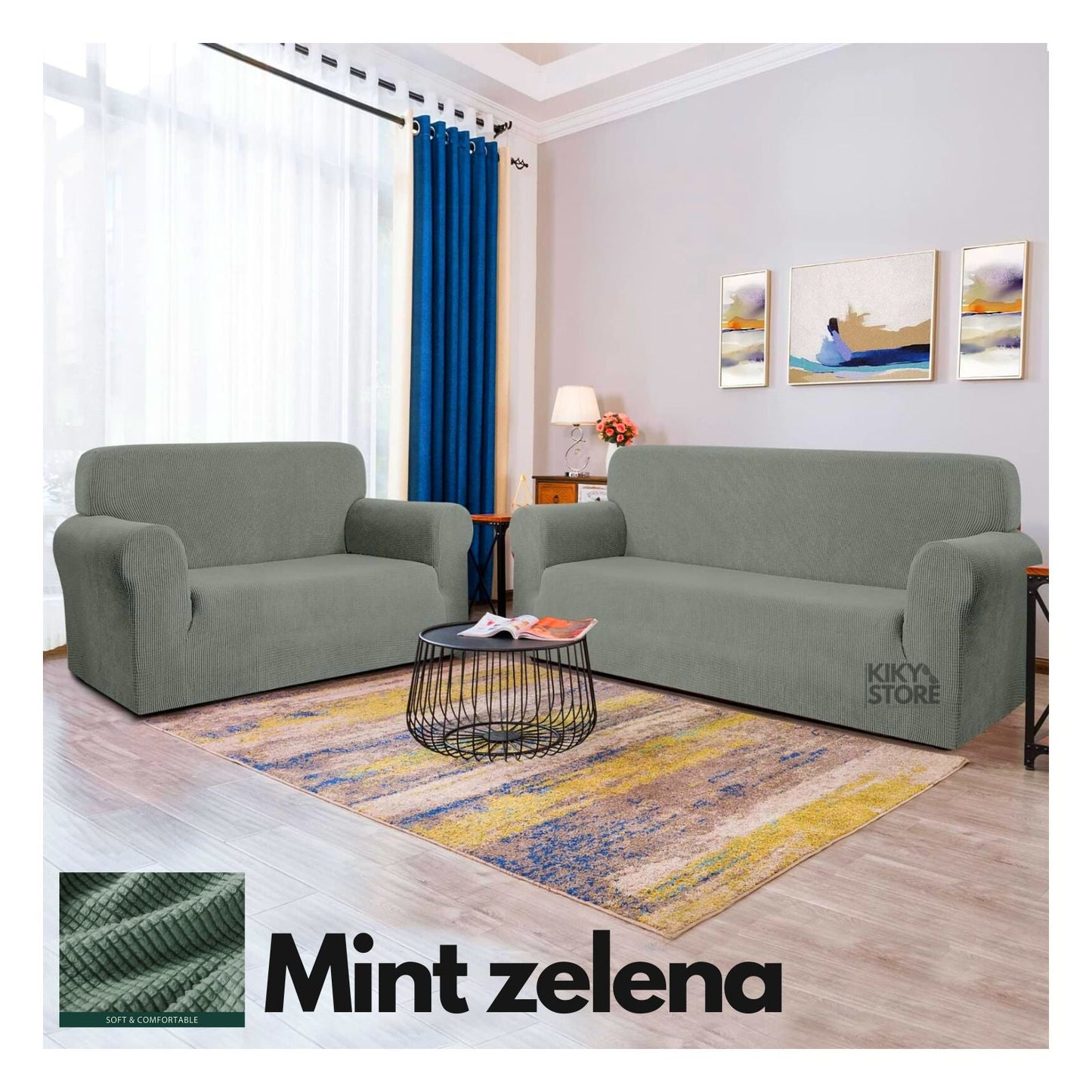 Komplet elastične navlake za trosjed ,dvosjed i fotelju-SITNI UZORAK KIKY STORE Mint zelena 